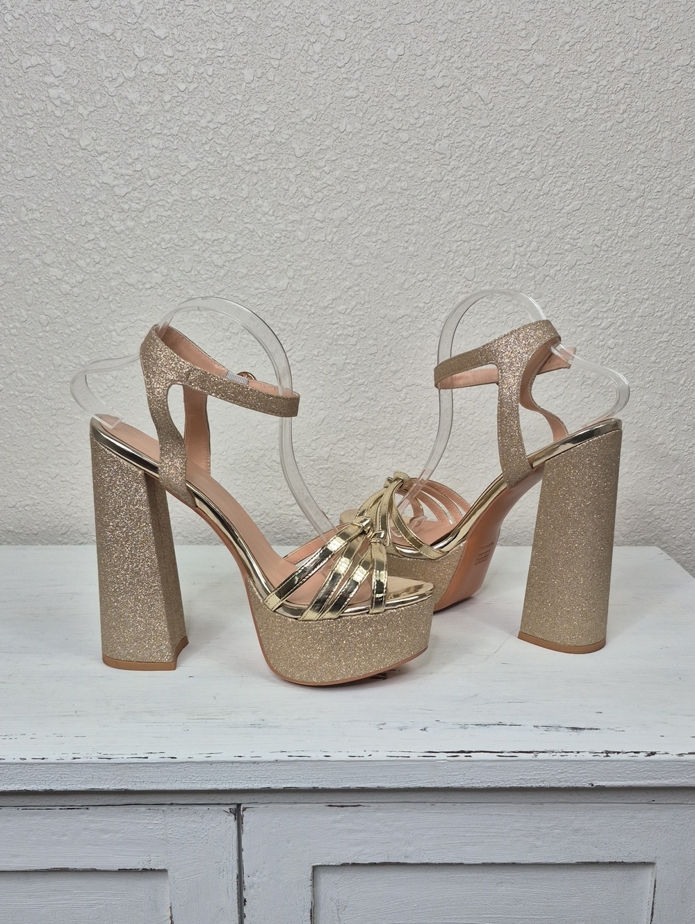 Gold Glitter Platform Block Heel Shoes Sandals Women's 10